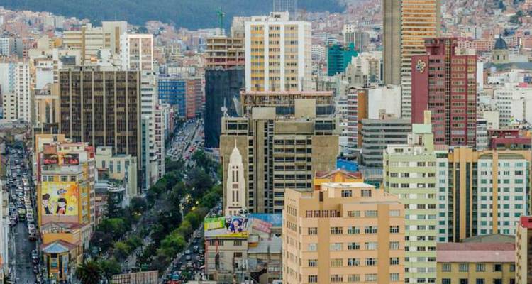 Dense high-rise skyline of La Paz with avenue lined by trees cutting through buildings