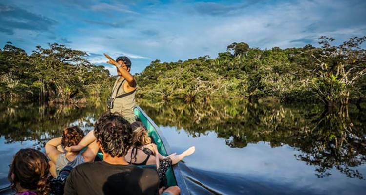 Petit groupe dans un canoë glissant le long d'une rivière de jungle semblable à un miroir tandis qu'un guide fait des gestes vers la forêt.