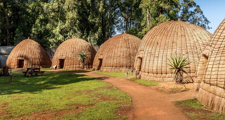 Closer view of dome-shaped thatched huts with a dirt footpath and green lawn.