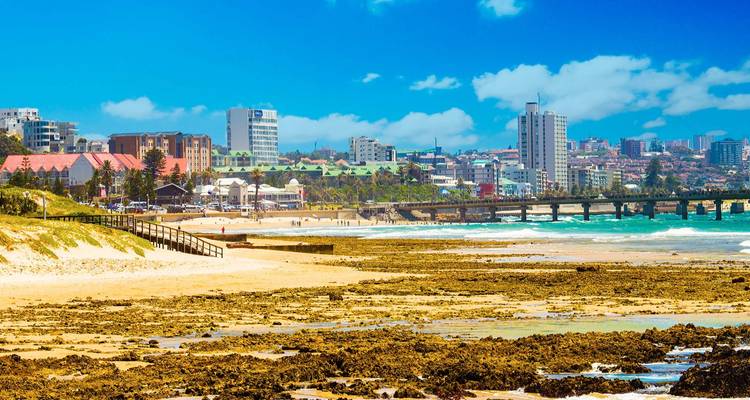 Bright beachfront cityscape with long pier, high-rise skyline and golden sand under clear blue sky.