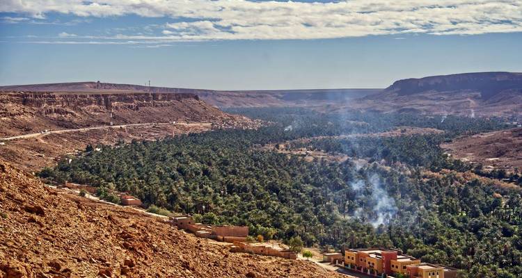 Vue panoramique sur une vaste vallée d'oasis verdoyante flanquée de falaises arides et d'une route sinueuse.