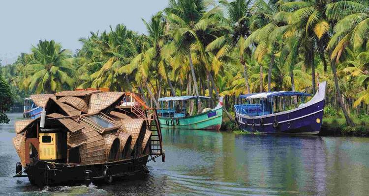 Traditional thatched houseboat sails past lush palm-lined canals of Kerala.