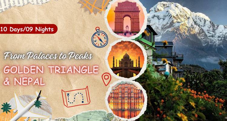 Promotional collage with text for Golden Triangle & Nepal tour featuring monuments and a map snippet.