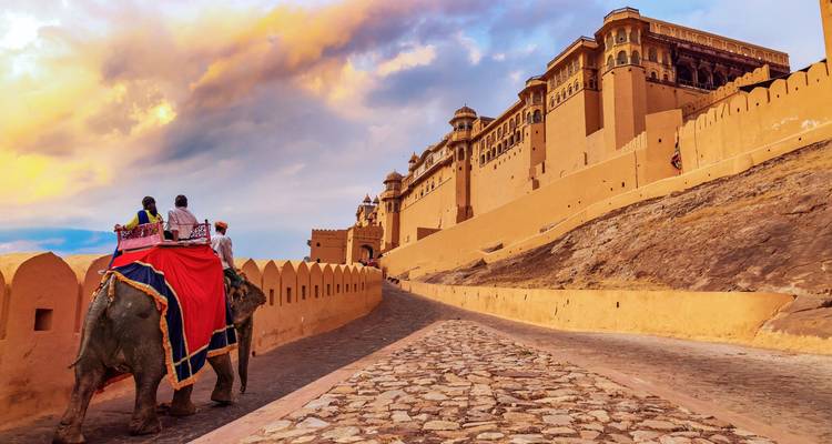 Elephant carrying tourists approaches the towering amber walls of Amer Fort at sunset.