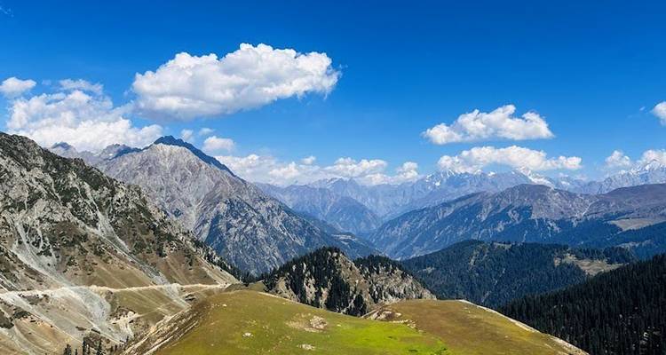 Amplio panorama montañoso con picos grises escarpados, bosques verdes de pinos y una pequeña cresta cubierta de hierba bajo un cielo brillante en el norte de Pakistán.