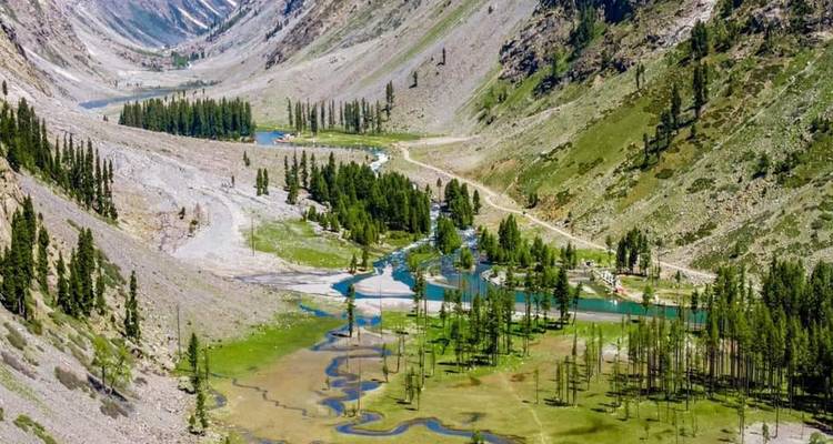 Valle verde tallado por un río serpenteante con parches de bosque y pendientes rocosas áridas en ambos lados.