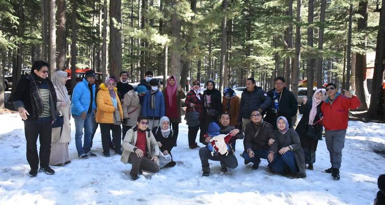 Grupo de turistas vestido con capas de invierno posando entre pinos cubiertos de nieve en un claro del bosque montañoso.