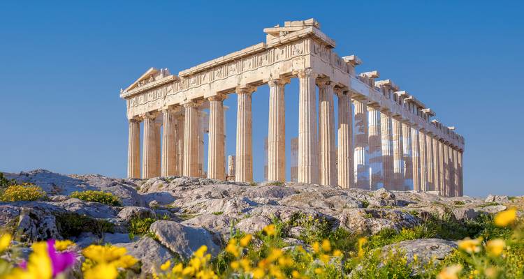 Sunny view of the Parthenon atop rocky ground framed by blooming yellow flowers.