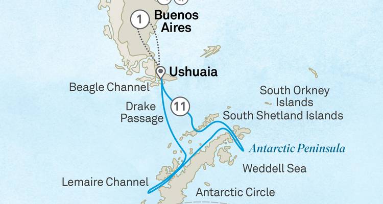 Itinerary map showing Buenos Aires, Ushuaia and cruise route through Drake Passage to the Antarctic Peninsula.
