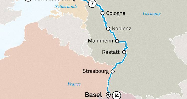 Mapa de ruta que muestra el itinerario del crucero de Ámsterdam a Basilea con las ciudades de escala destacadas.