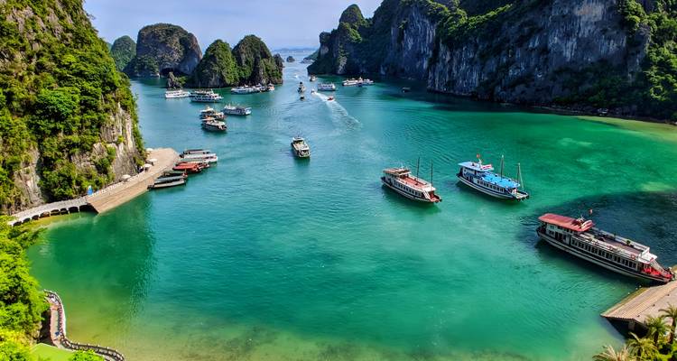 Panoramic aerial of jade waters and towering limestone stacks of Ha Long Bay dotted with cruise boats.