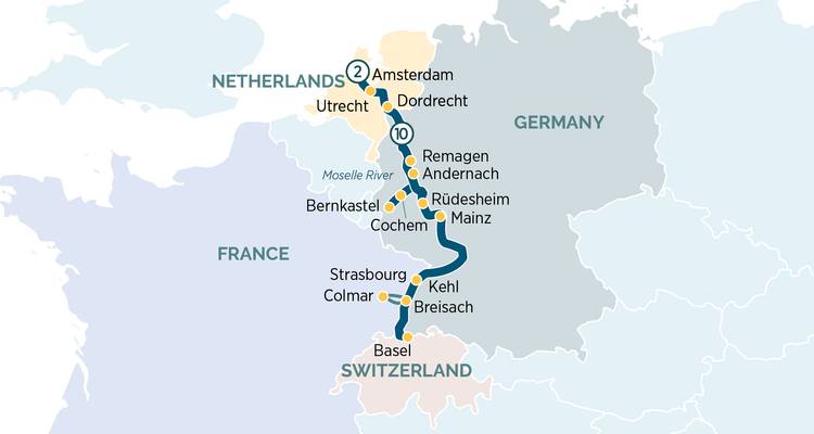 Carte d'itinéraire montrant le parcours fluvial du Rhin et de la Moselle avec les arrêts dans les villes étiquetés.
