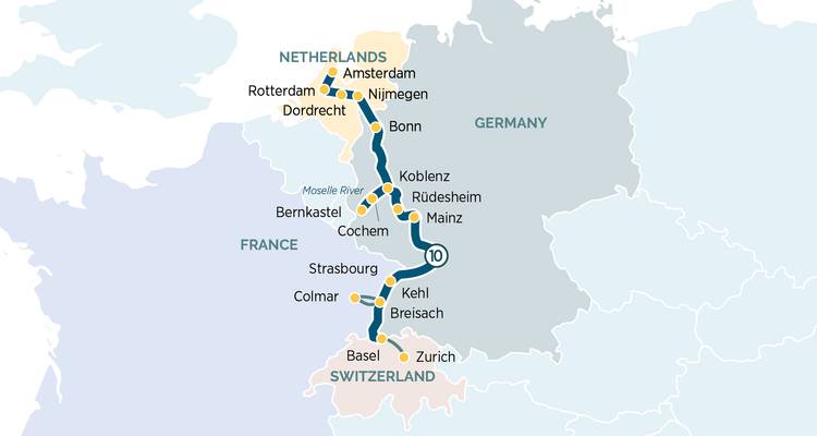 Cruise reisroute kaart met tussenstops tussen Amsterdam en Zürich via Duitsland en Frankrijk.