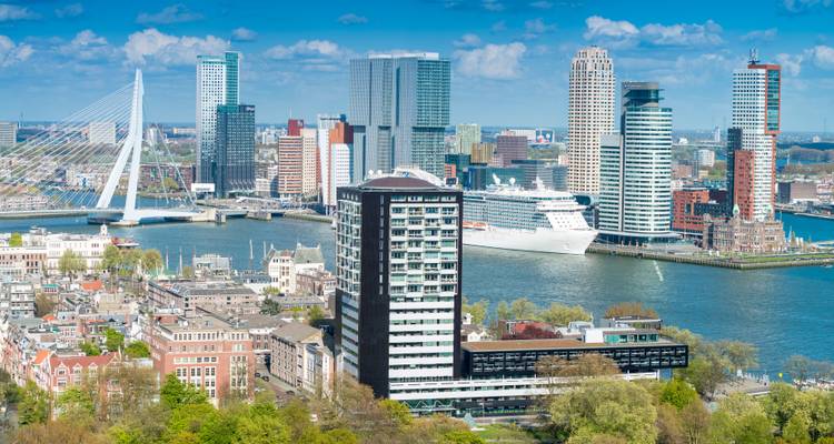 Moderne Rotterdam skyline met Erasmusbrug en cruiseschip aangemeerd langs de Nieuwe Maas op een zonnige dag.