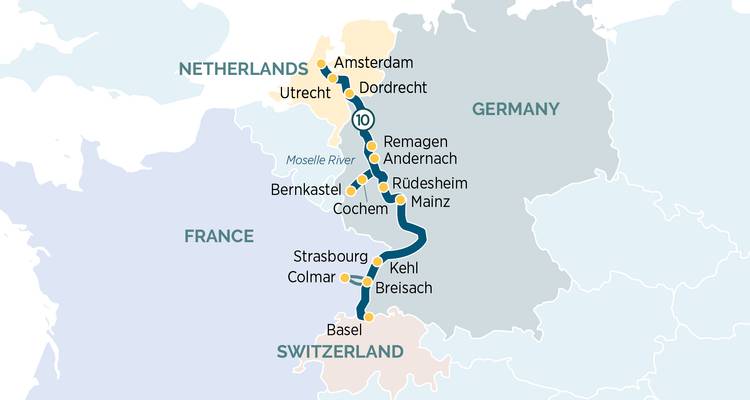 Carte de variante représentant une croisière d'Amsterdam à Bâle avec les arrêts de villes marqués.