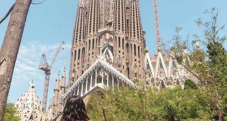 Un voyageur contemple les flèches imposantes et les grues de la Sagrada Família à Barcelone.