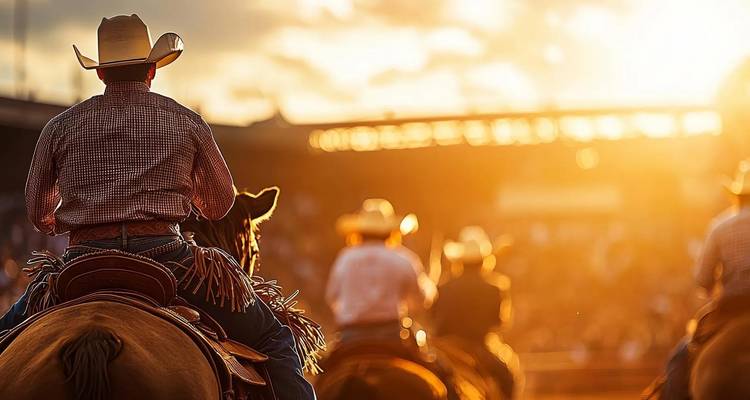 Cowboys on horseback in a rodeo arena bathed in warm sunset light.