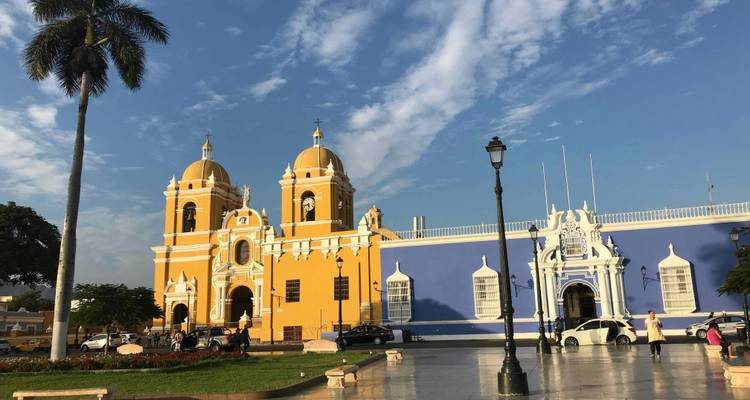 Vibrant yellow and blue colonial church and civic buildings on a sunny plaza lined with palms