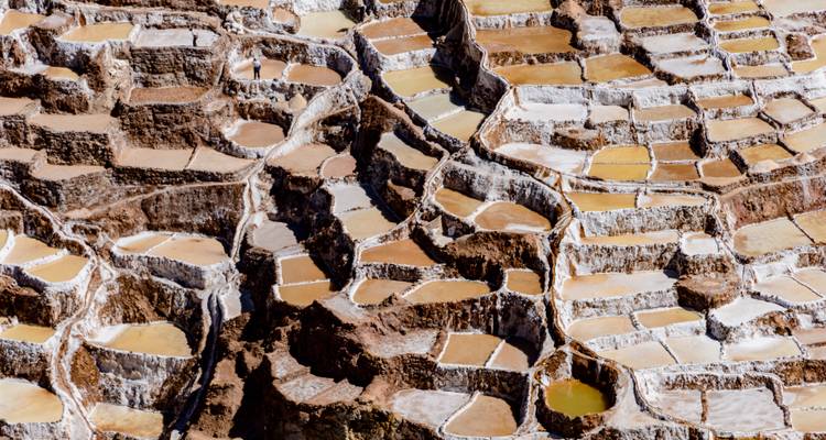 Terraced salt evaporation ponds of Maras forming geometric patterns of white and brown pools