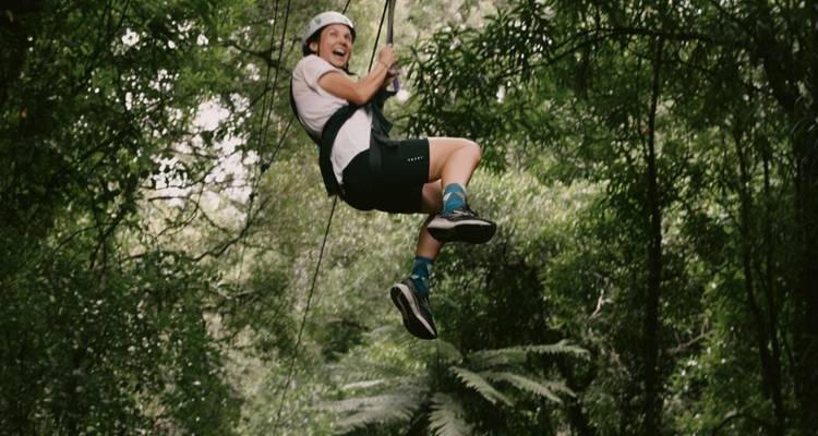 Viajero emocionado en el aire en un tirolesa de bosque rodeado de exuberante follaje verde