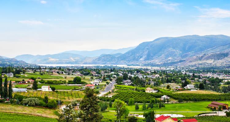 Mosaïque de vergers and paysage urbain dans une large vallée bordée de douces montagnes