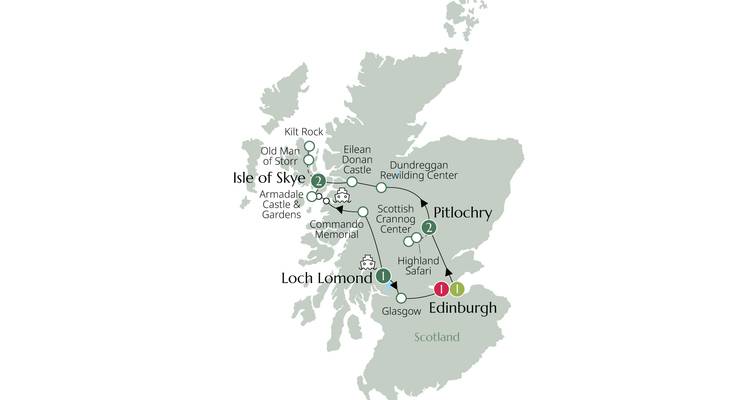 Simplified map of a Scotland touring route including Loch Lomond and Isle of Skye