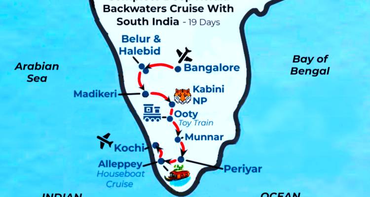 Illustrated itinerary map of South India showing routes between Bangalore, Kabini, Ooty, Munnar and Alleppey.