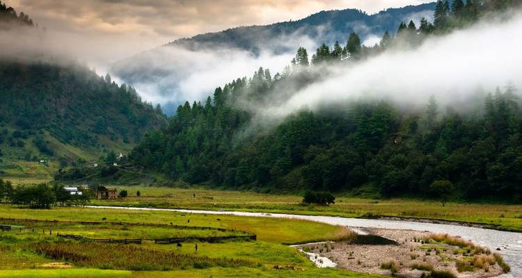 Misty clouds drift through a lush green valley with a winding river and pine-covered hills.
