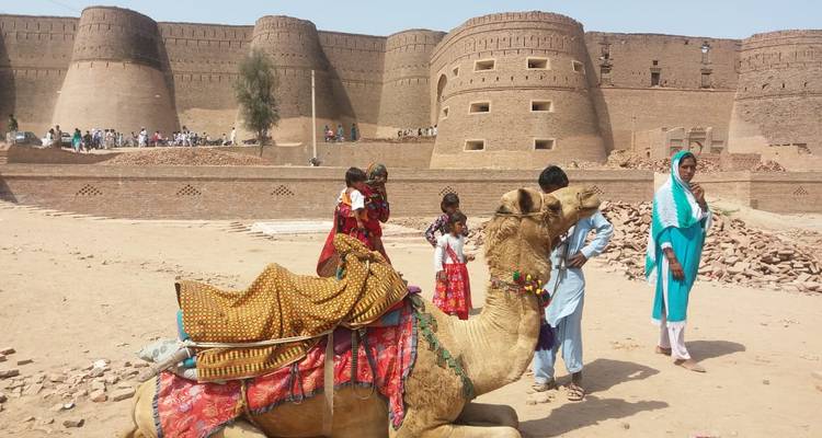 Niños vestidos con ropas coloridas se reúnen alrededor de un camello decorado frente a las enormes murallas de un fuerte del desierto.