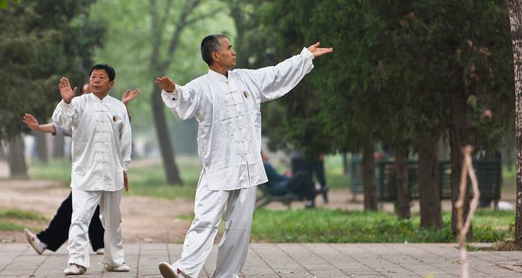 Hombres ancianos con atuendos tradicionales blancos practican tai chi en un parque urbano frondoso.