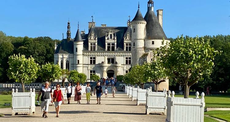 Visitors stroll tree-lined path toward Château de Chenonceau on a bright summer day.