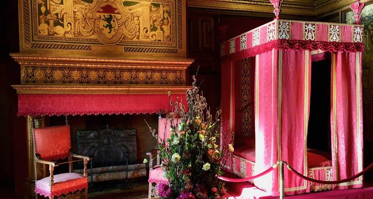 Lavish medieval bedchamber with gilded fireplace, ornate heraldic decor, and red canopy bed cordoned by ropes.