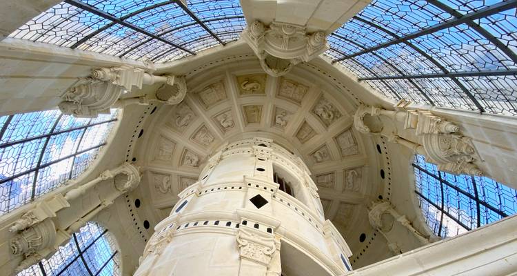 Looking up into the intricate central lantern and glass roof of Château de Chambord’s famed double-helix staircase.