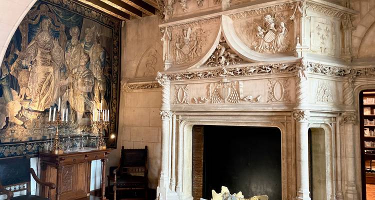 Lavish carved-stone fireplace and tapestry within a historic château interior.