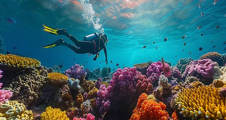 Plongeur évoluant au-dessus de récifs coralliens vibrants et de poissons tropicaux dans une eau bleue cristalline.