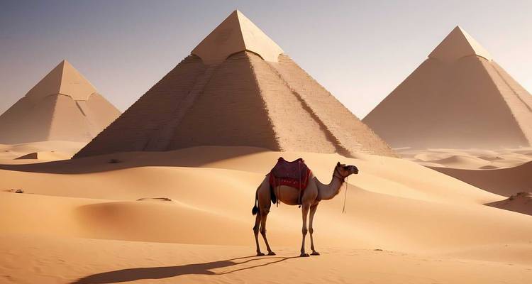 Chameau debout dans les sables dorés du désert devant trois pyramides sous une lumière douce.