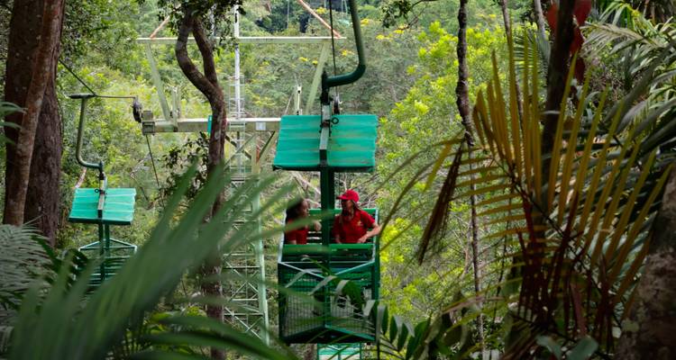Rainforest aerial tram carrying two helmeted visitors above lush green jungle foliage
