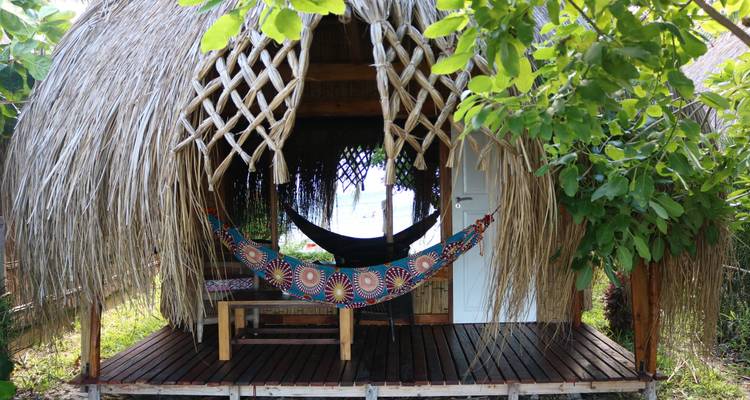 Charming thatched bungalow with a colourful hammock hanging on a wooden porch surrounded by lush tropical greenery.