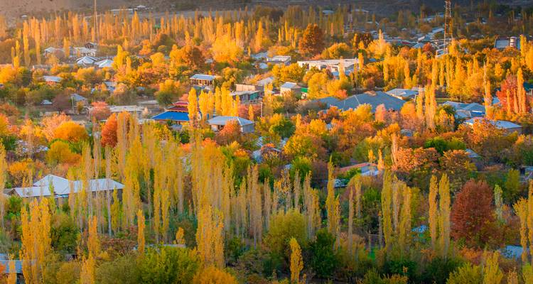 Panorama arrollador de un pueblo de montaña envuelto en vibrante follaje otoñal al atardecer.