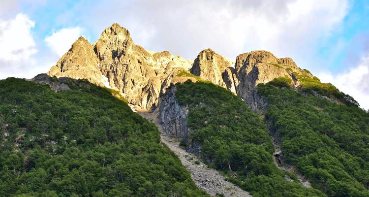 Zonnig rotsachtig bergpiek die boven het dichte groene bos uitstijgt.
