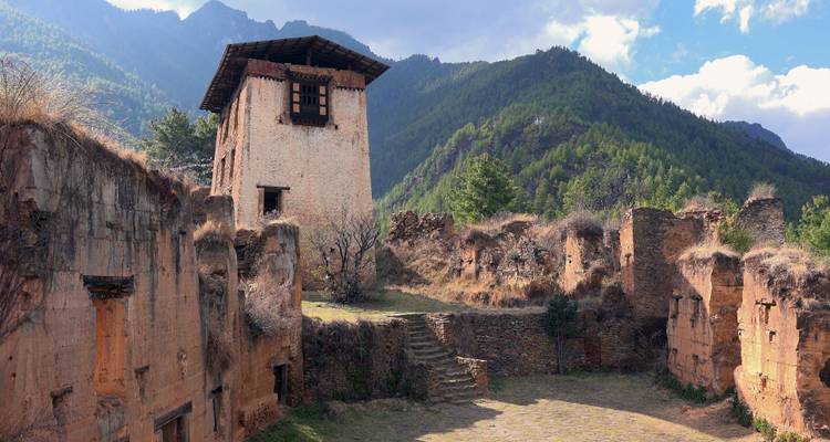 Dzong de pierre en ruines niché au milieu de pentes couvertes de pins sous des sommets montagneux brumeux.