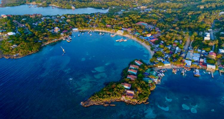 Vue aérienne d'une baie turquoise bordée de quais et d'une forêt tropicale luxuriante sur l'île de Roatan.