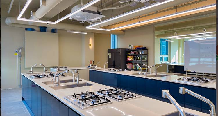 Vista amplia de un aula culinaria elegante y moderna que cuenta con múltiples estufas de gas y fregaderos de acero inoxidable.