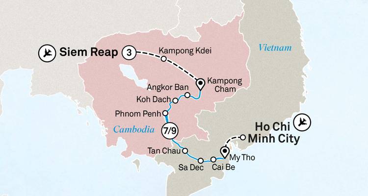 Routekaart die een cruise-reisroute toont tussen Siem Reap en Ho Chi Minh City langs de Mekong rivier.