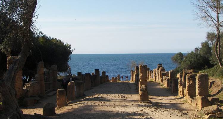 Ruinas de columnas de piedra que se extienden hacia el mar Mediterráneo azul en Tipasa.