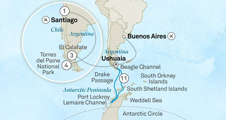 Illustrated map showing cruise route from Santiago to Antarctic Peninsula.