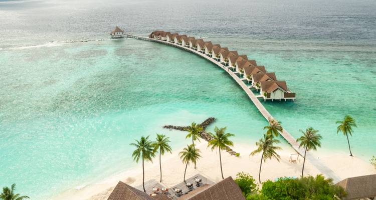 Ligne courbe de bungalows sur pilotis qui s'arque au-dessus des eaux peu profondes émeraude à côté d'une rive de sable blanc et de palmiers.
