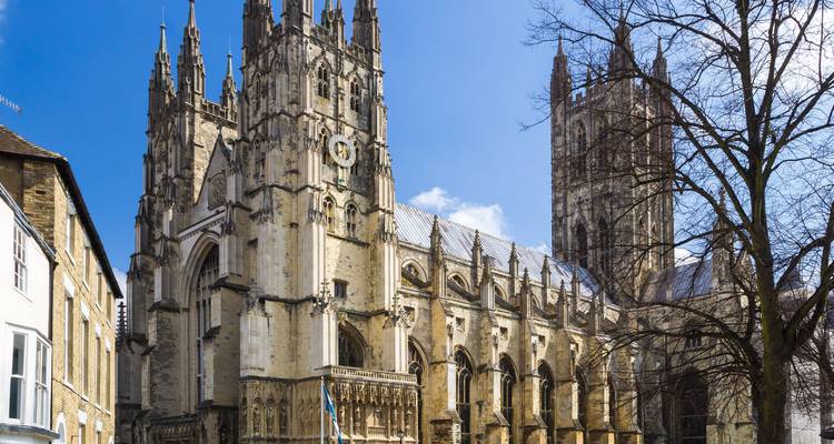 Majestueuse cathédrale gothique avec des arcs-boutants et de hautes flèches contre un ciel bleu clair