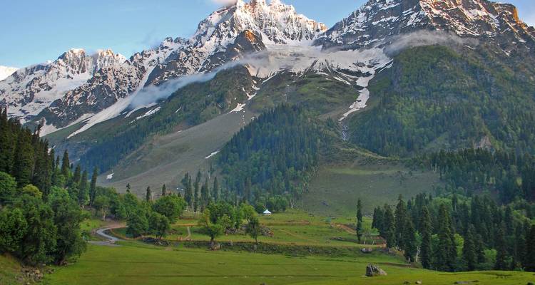 Dramatisches grünes Tal, das zu schneebedeckten Gipfeln führt, die teilweise in Wolken gehüllt sind in Sonamarg.
