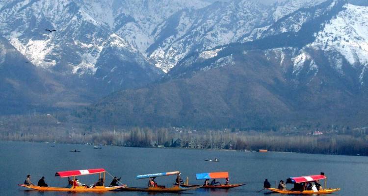 Des bateaux shikara colorés avec des touristes glissent sur le lac Dal avec en toile de fond les sommets enneigés de l'Himalaya